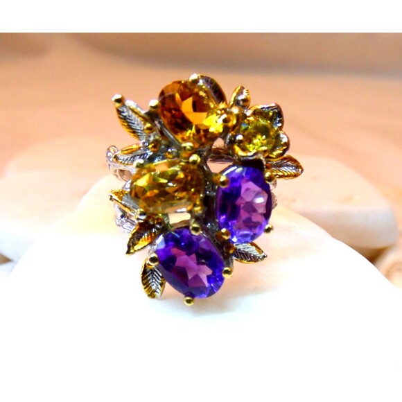 Citrine Amethyst Sterling Silver Cocktail Ring Botanical Vines Size 7.5 - Picture 2 of 8